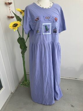 Vintage 90s Art to Wear Beach Motif Patches Periwinkle Purple T-Shirt Maxi Dress
